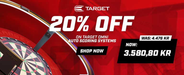 Advertisement for Target Omni Auto Scoring Systems. Offers 20% off. Red background with dartboard image.