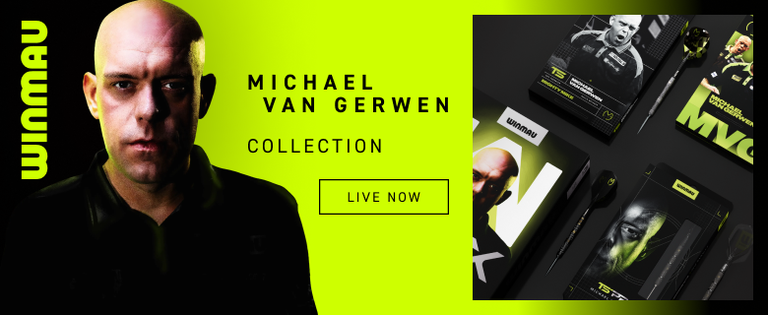 Promotional image for the "Michael Van Gerwen Collection" with the text "Live Now" and product images on a neon yellow and black background.