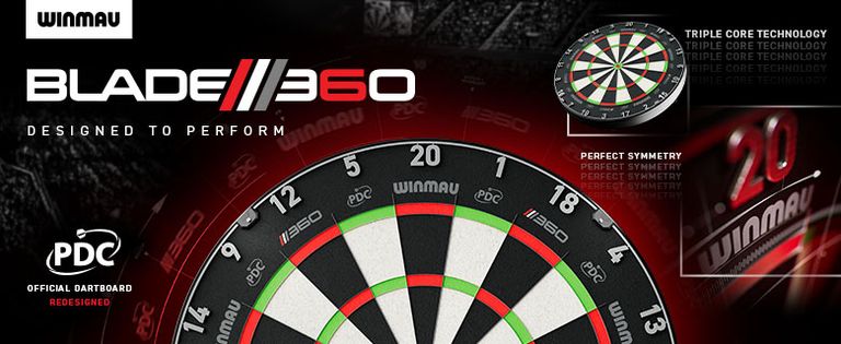Promotional image for Winmau Blade 360 dartboard, featuring close-up of the board, highlighting triple core technology and perfect symmetry.