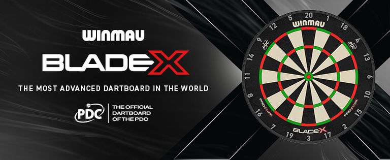 Winmau Blade X dartboard with text "The Most Advanced Dartboard in the World" and PDC logo on a black background.
