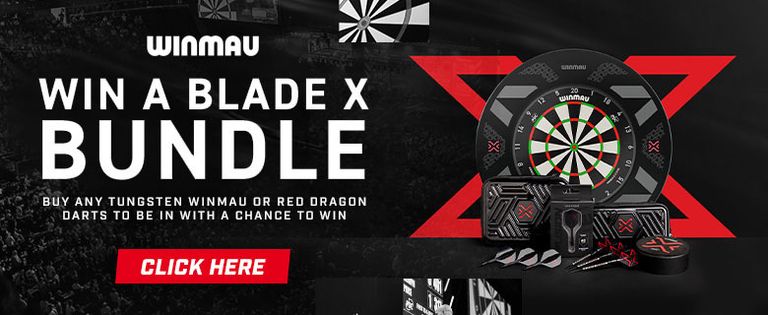 Winmau contest banner: "Win a Blade X Bundle" with images of darts and a dartboard. Instructions to buy specific brands to enter.