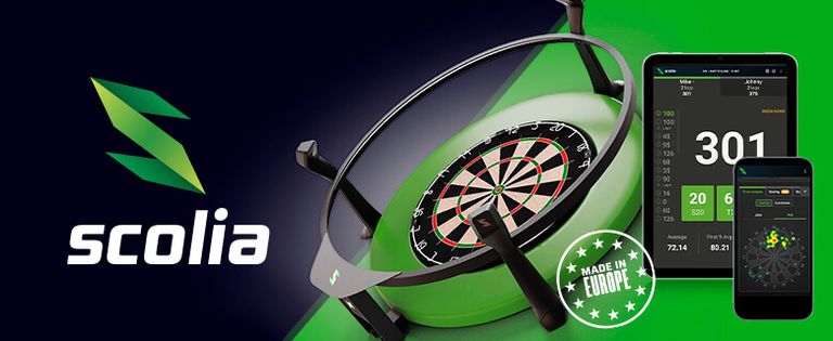 Scolia dart tracking system with digital displays, including score highlights and stats, alongside "Made in Europe" badge.