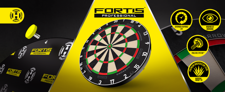 Promotional banner for Fortis Professional dartboard, featuring product highlights like enhanced durability, minimal bounce, and unique design.