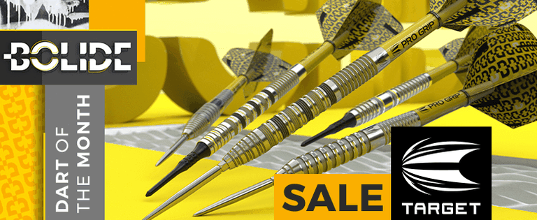 Yellow and silver Target Bolide darts with patterned flights displayed on a yellow background. Text reads "Bolide Dart of the Month" and "Sale Target."
