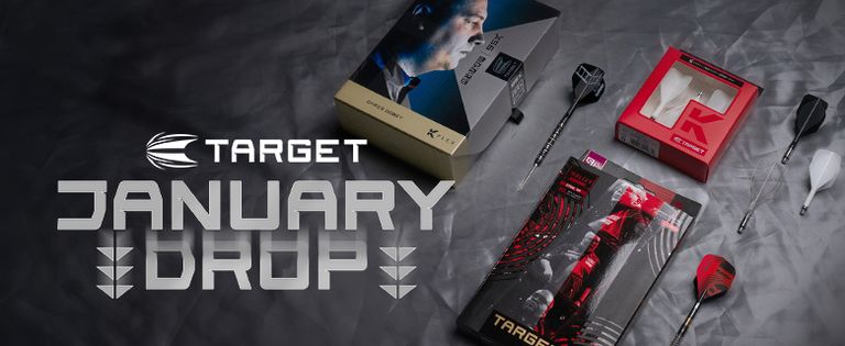 Target's January drop showing dart sets including Chris Dobey 95K, Stephen Bunting & Target K-Shift flights.