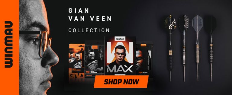 Close-up of a man's face, three darts, and packaging from the Gian Van Veen Winmau collection with an orange "Shop Now" label.