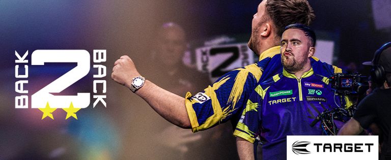 Luke Littler in a blue and yellow dart shirt celebrating with clenched fists. Text reads "Back 2 Back" with stars. Target logo visible.