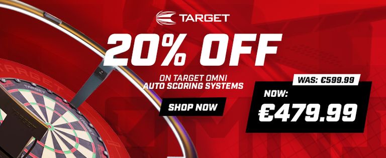 Advertisement for Target Omni Auto Scoring Systems. Offers 20% off. Red background with dartboard image.