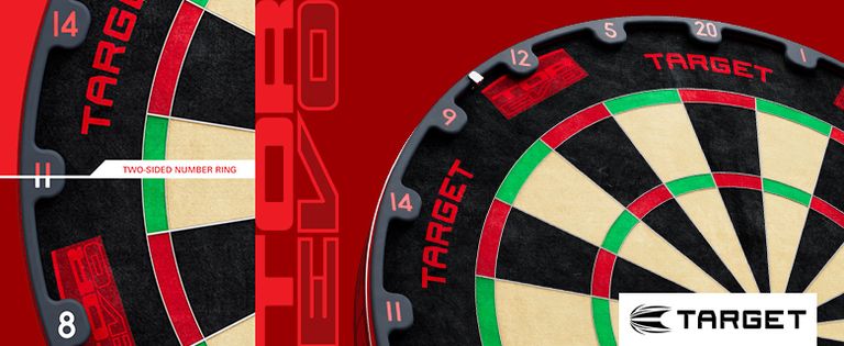 Red and black dartboard with a focus on the two-sided number ring. The "Target" logo appears in red and in an inset image.
