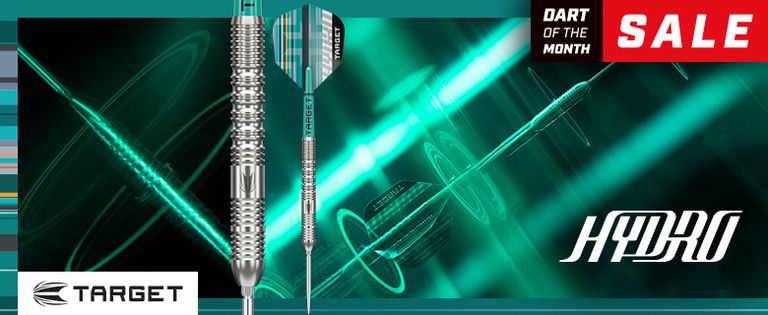 Futuristic dart advertisement featuring sleek metallic dart design, Target logo, and "Dart of the Month Sale" for the Hydro model.