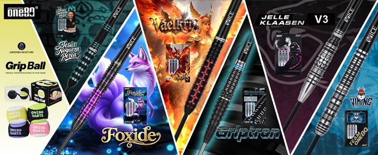 Collage of one80 dart packaging designs featuring various themes like foxes, mythology, and vibrant logos, with colorful backgrounds.