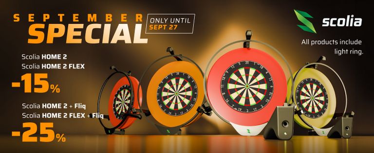 Four electronic dartboards with light rings on sale. Discounts of 15% and 25% available until September 27. Scolia logo displayed.