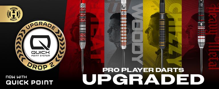 Harrows Quick Point pro player darts in various styles with bold text highlighting "Upgraded." Ryan Searle, Luke Woodhouse, Dave Chisnall and Damon Heta darts.
