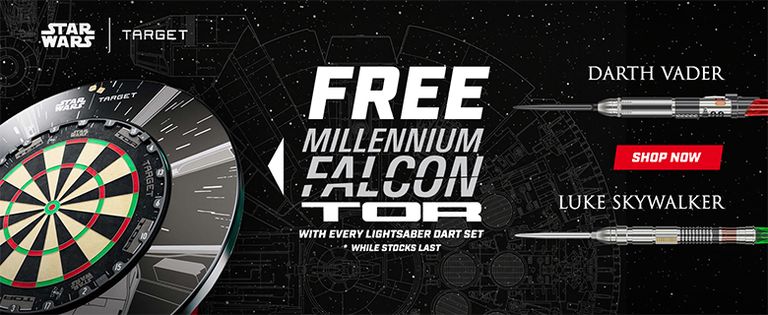 Star Wars-themed dartboard offer: "Free Millennium Falcon Tor with lightsaber dart set." Features Darth Vader and Luke Skywalker saber darts.