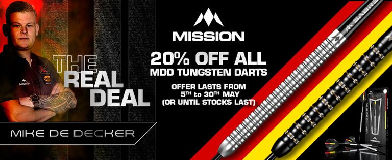 Advertisement for 20% off Mission Mike de Decker tungsten darts, featuring a person and darts, valid from 5th to 30th May or until stocks last.
