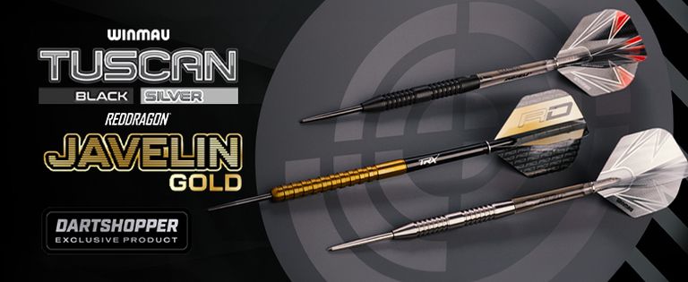 Three darts are displayed with branding text: Winmau Tuscan Black Silver and RedDragon Javelin Gold, labeled as Dartshopper exclusive products.