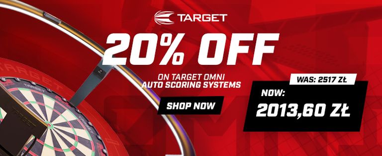 Advertisement for Target Omni Auto Scoring Systems. Offers 20% off. Red background with dartboard image.