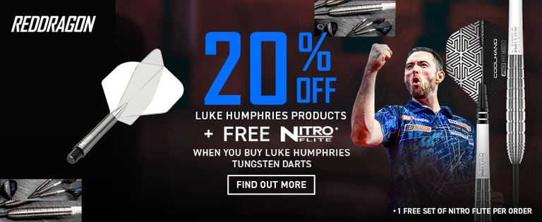 Promotional banner for Red Dragon featuring 20% off Luke Humphries products and free Nitro Flite with tungsten darts purchase.