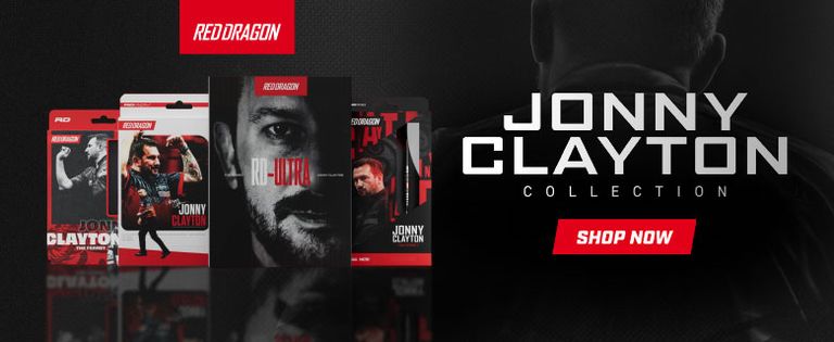 Poster for the Jonny Clayton Collection by RedDragon, featuring dart products and a prominent "Shop Now" button.