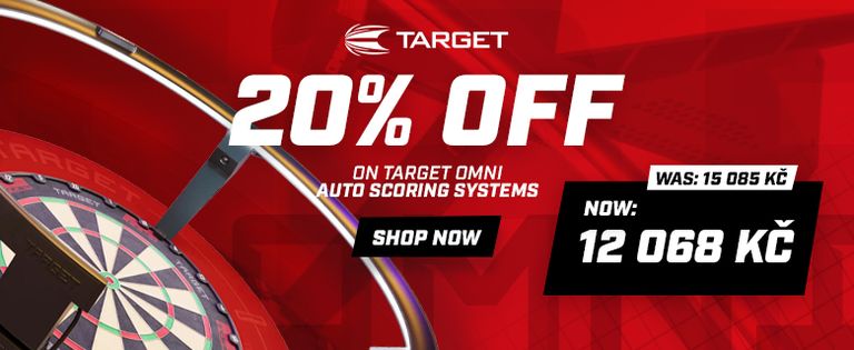 Advertisement for Target Omni Auto Scoring Systems. Offers 20% off. Red background with dartboard image.
