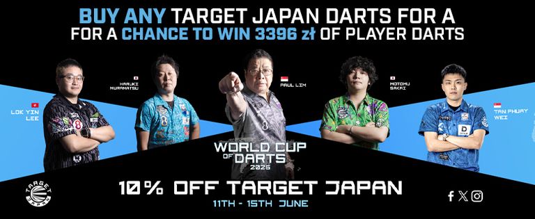 Promo image for World Cup of Darts 2026, featuring five players, 10% off Target Japan darts June 11-15, chance to win 3396 zł.