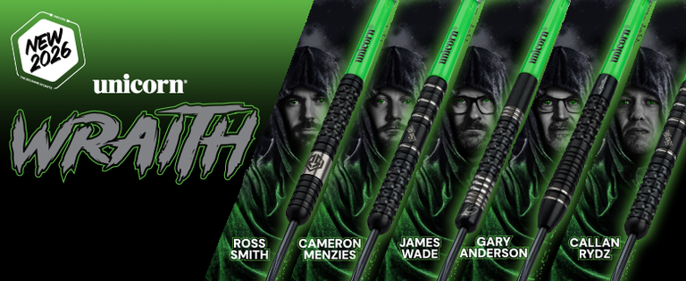 Promotional banner for Unicorn Wraith darts featuring five players in green hooded attire, each with a matching dart design.