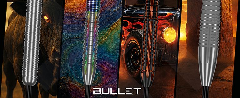 A collage featuring "BULLET" text, silver and bronze metallic objects, a fiery bull, colorful abstract art, a vintage car, and a desert sunset.