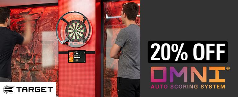 Two people playing darts in a room with red lighting, featuring a TARGET dartboard and a 20% off offer for the OMNI auto scoring system.