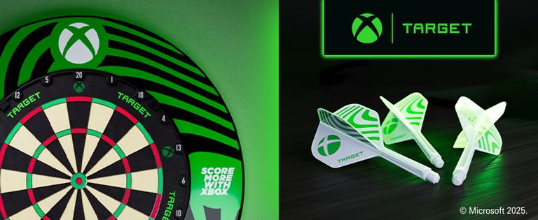 Dartboard and darts with Xbox branding and "Target" logo on a green and black design, including text "Score More with Xbox". Microsoft 2025.