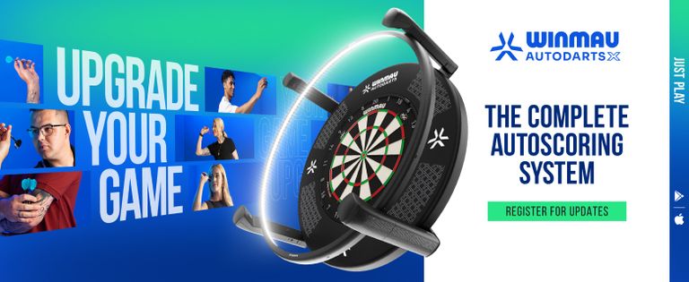 A promotional banner for Winmau Autodarts, featuring various people throwing darts and a dartboard, with text reading "Upgrade Your Game."