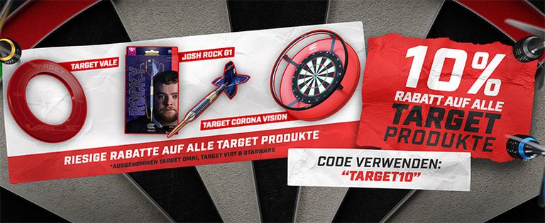 Advertisement featuring 10% discount on Target dart products with promo code "TARGET10", showcasing dart accessories and a dartboard.