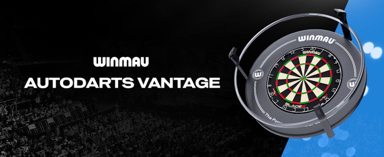 Winmau Autodarts Vantage product image with a dartboard, set against a split black and blue background.