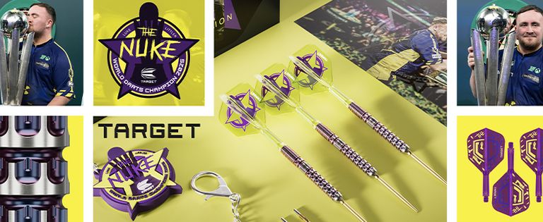 A collage featuring a dart player celebrating with a trophy, various close-ups of purple and yellow darts, and "THE NUKE" branding elements.