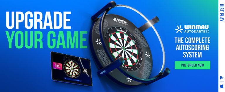 Digital dartboard system with autoscore display and text: "Upgrade Your Game" and "Pre-Order Now." Blue and green color scheme.