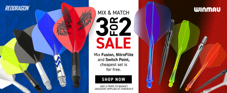Advertisement for RedDragon and Winmau darts shows "Mix & Match 3 for 2 Sale." Various dart designs are displayed on a blue and red background.