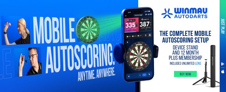Ad promoting Winmau autodarts mobile autoscoring setup, featuring a smartphone app display, dartboard, and device stand with 12-month membership.