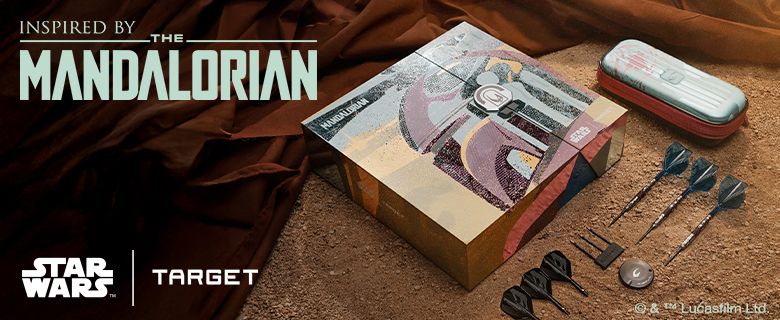 Box set inspired by The Mandalorian on brown fabric, includes darts and accessories, with Star Wars and Target logos.