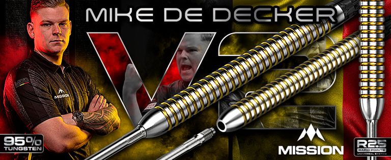 Promotional image for Mission darts featuring tungsten darts and the name "Mike De Decker" alongside a red and yellow background.