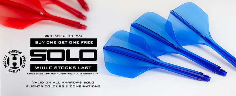 Promo for Harrows Solo dart flights: "Buy One Get One Free" from 20th April to 4th May. Features blue and red dart flights.