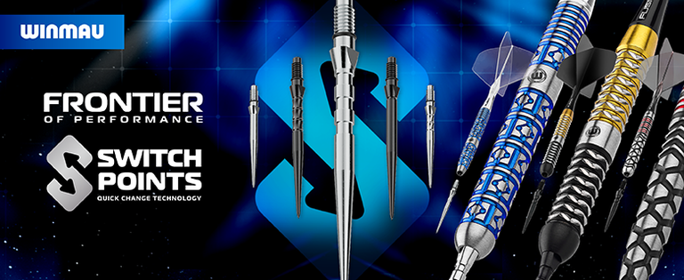 Winmau promo showing metallic patterned darts and interchangeable switch points on a blue geometric background with text "Frontier of Performance."