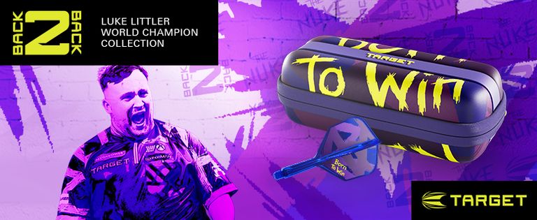 Purple-themed promotional image of the Luke Littler World Champion Collection with a darts case and dart, featuring the slogan "Born to Win."