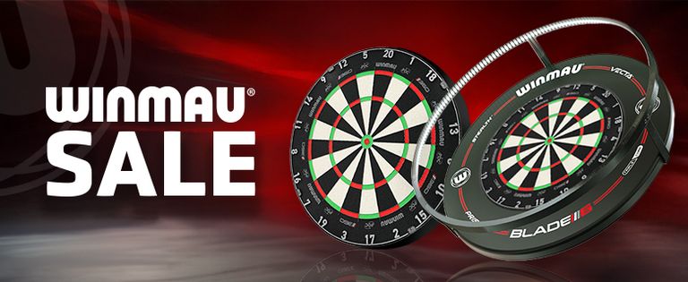 Winmau Blade 360 dartboards on a red and black background, with the text "Winmau Sale" in white on the left.