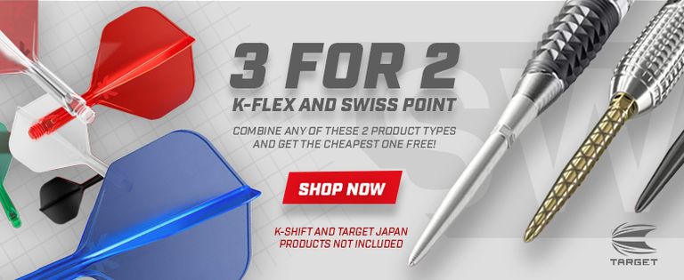 Promotion banner for dart parts, offering a "3 for 2" deal on K-Flex and Swiss Point types. Features dart shafts, flights, and a "Shop Now" button.