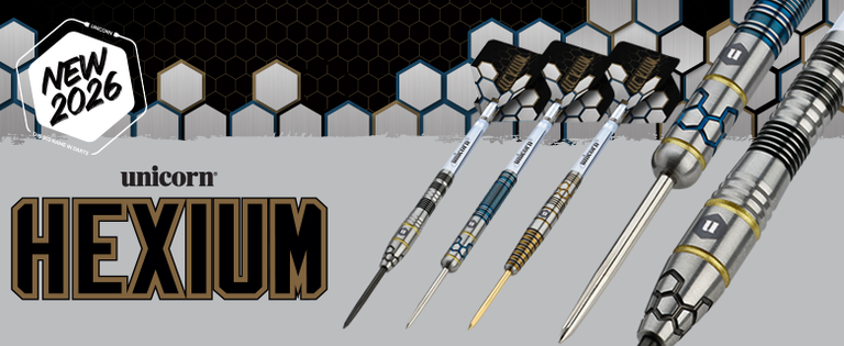 Unicorn Hexium darts with hexagonal patterns and metallic finishes, displayed in a gradient layout. "New 2026" label and "Unicorn Hexium" text.