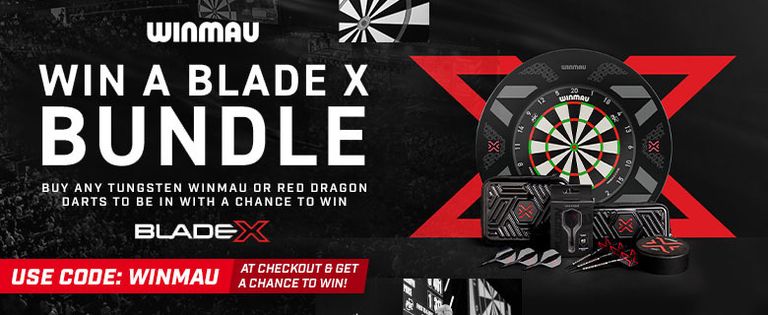 Winmau contest banner: "Win a Blade X Bundle" with images of darts and a dartboard. Instructions to buy specific brands to enter.