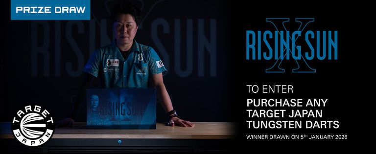 Promotional banner with a person behind a table holding a Rising Sun darts box, Target Japan logo and prize-draw entry text.