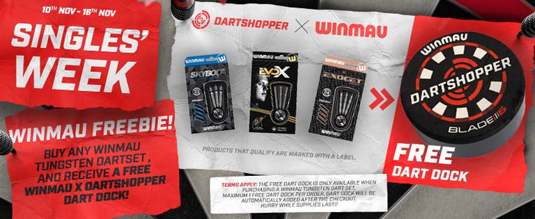 Promotional banner for Singles' Week featuring Winmau dart products and a free Dart Dock offer from Dartshopper.