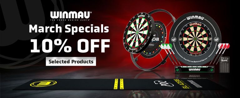 Promotional banner featuring Winmau dartboards and accessories with "March Specials 10% Off Selected Products" text on a dark background.