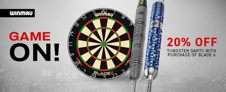 Winmau dartboard and darts with "Game On!" text. "20% Off Tungsten Darts With Purchase of Blade 6" promotion displayed.