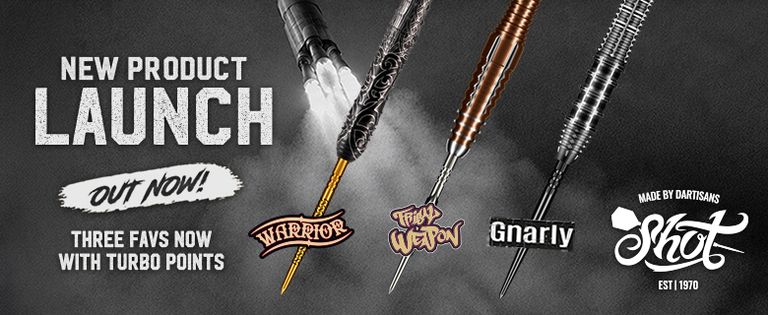 Advertisement for new launch of darts with Turbo Points, featuring Warrior, Tribal Weapon, and Gnarly brands by Shot Dartsans.